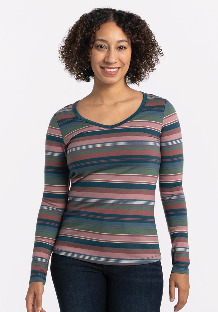 Bordeaux Striped good Long Sleeve Deep Scoop Neck Shirt Women’s Size S