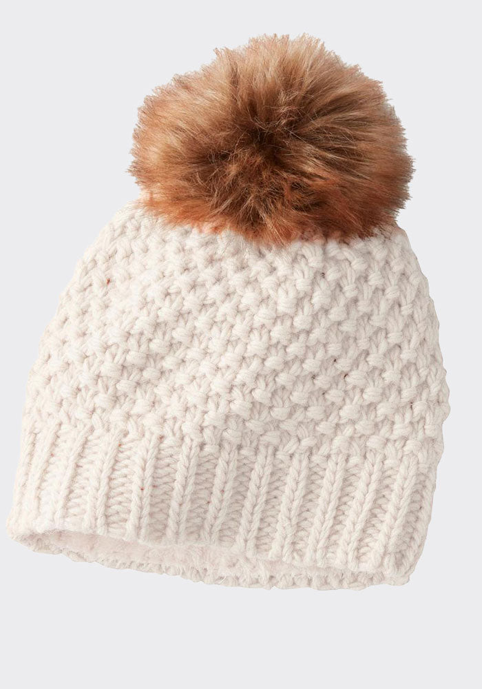 Hand knitted Luxury merino wool beanie hat with lux faux fur newest Pom ivory cream women teen