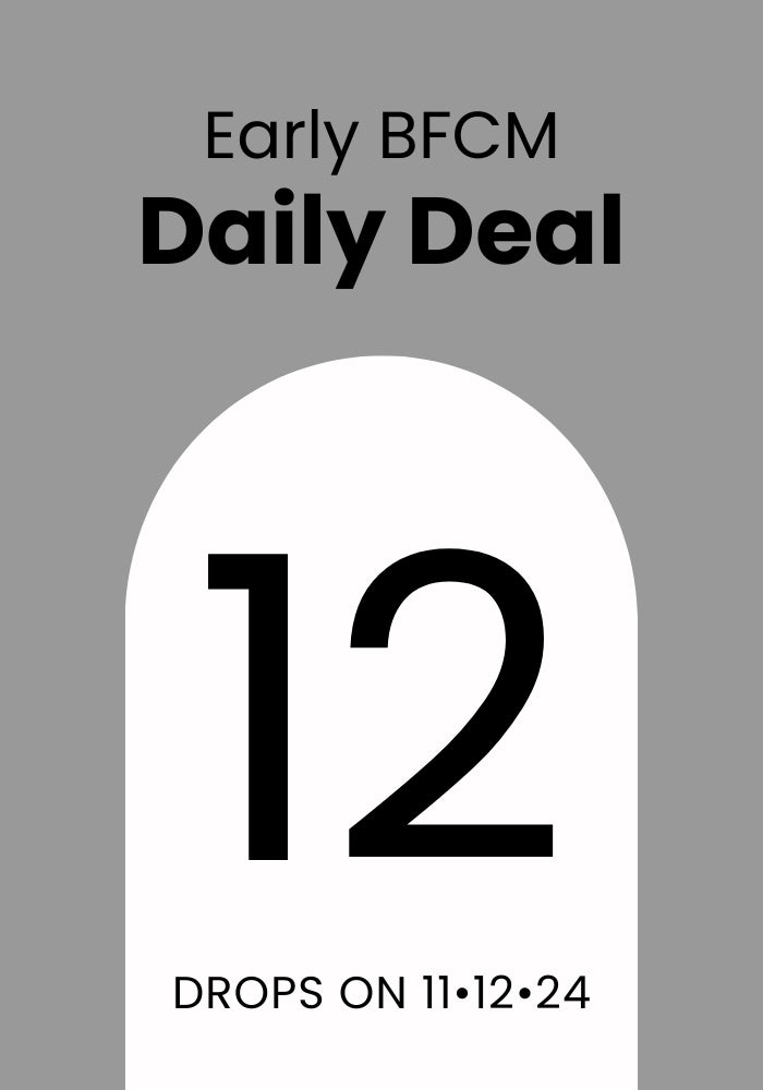 A stylish grey promotional graphic prominently features the text "Early BFCM Deal Day 12" at the top, representing Woolx. Below, a bold "12" is highlighted with smaller text underneath stating it will be available on 11•12•24.