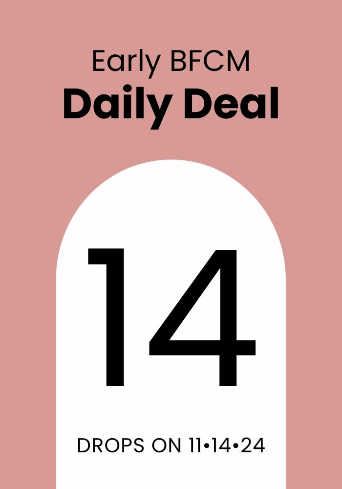 Promotional graphic featuring a pink background with the words "Early BFCM Daily Deal" at the top. The large number "14" is prominently displayed in the center, with "Drops on 11-14-2024" below, highlighting Woolx's product "Early BFCM Deal Day 14.