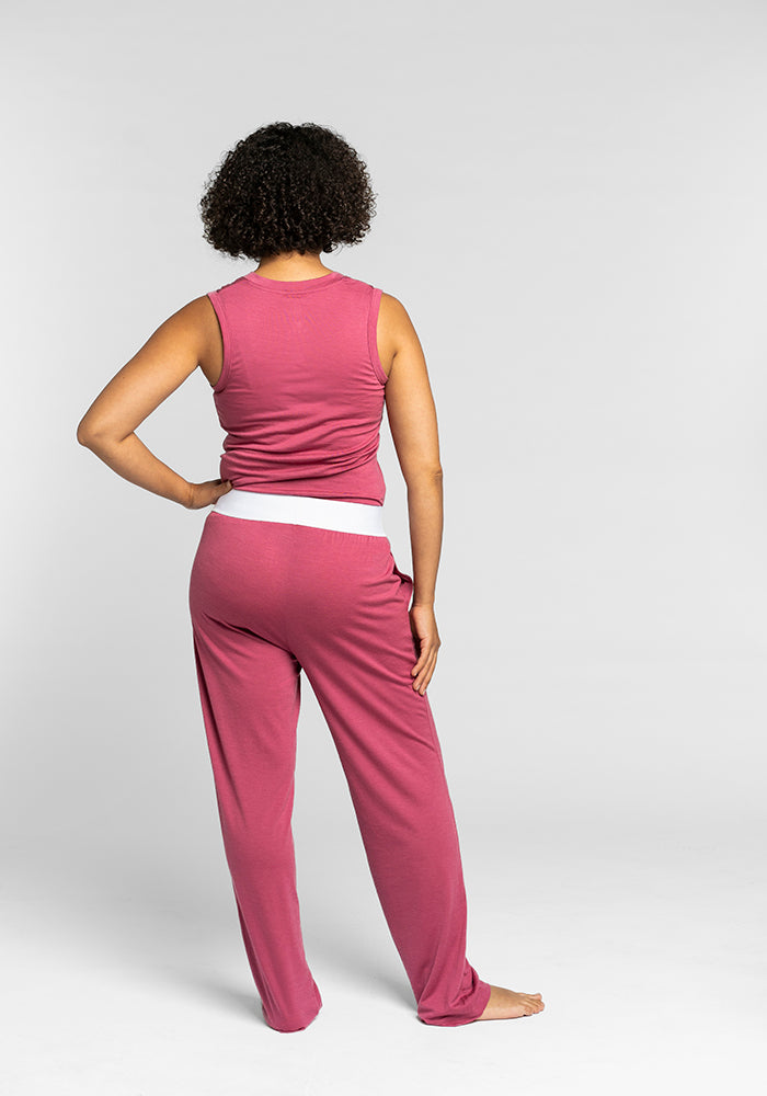 Model wearing Maya lounge pants - Red Violet