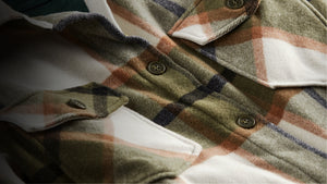 Zoomed image of a Sawyer shacket in forest plaid showing texture and detail