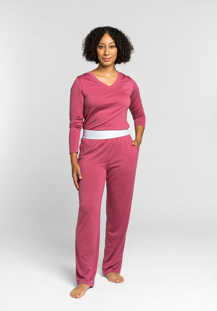 Model wearing Maya lounge pants - Red Violet