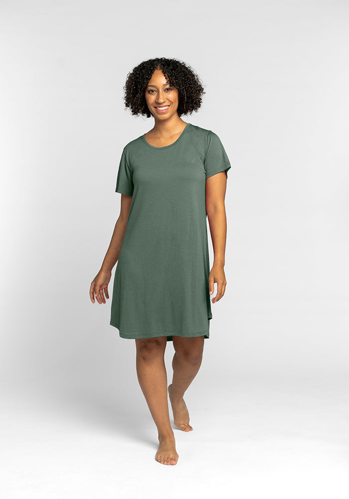 Model wearing Desi nightgown - Duck Green