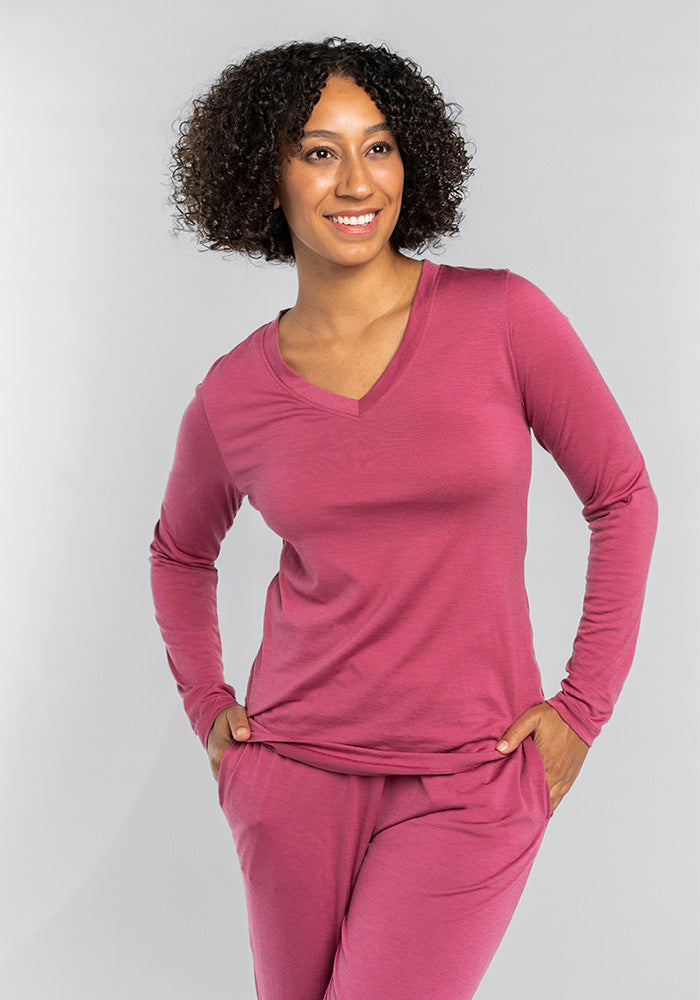Model wearing Lily long sleeve - Red Violet