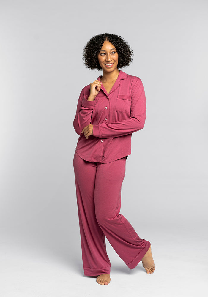 Model wearing Harper pj set - Red Violet