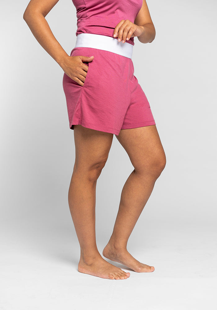 Model wearing Poppy shorts - Red Violet 