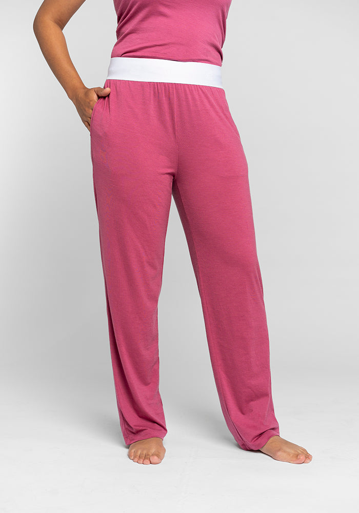 Model wearing Maya lounge pants - Red Violet 