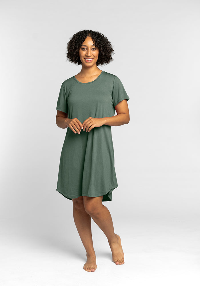 Model wearing Desi nightgown - Duck Green