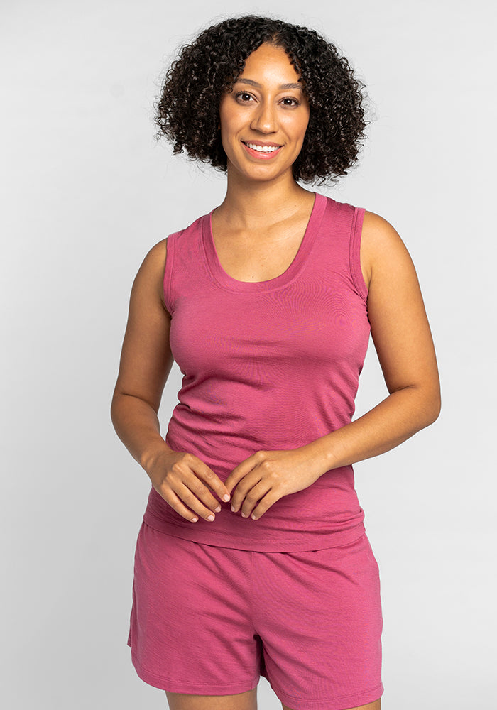 Model wearing Phoebe tank - Red Violet 