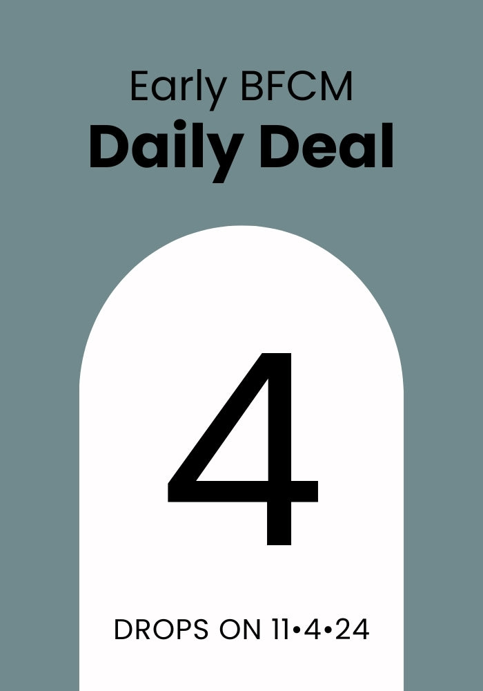 A minimalist promotional image with bold text reading "Early BFCM Deal Day 4" at the top. The large number "4" is centered below, with smaller text beneath stating "Drops on 11-4-2024." The background features a muted teal hue and highlights the Woolx brand.