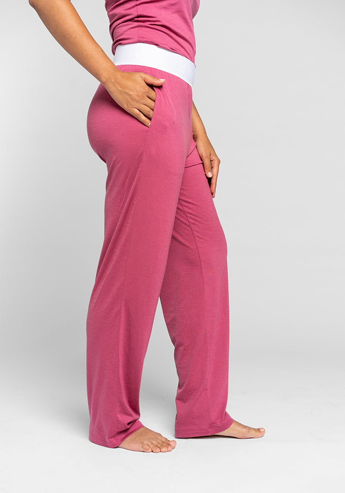 Model wearing Maya lounge pants - Red Violet