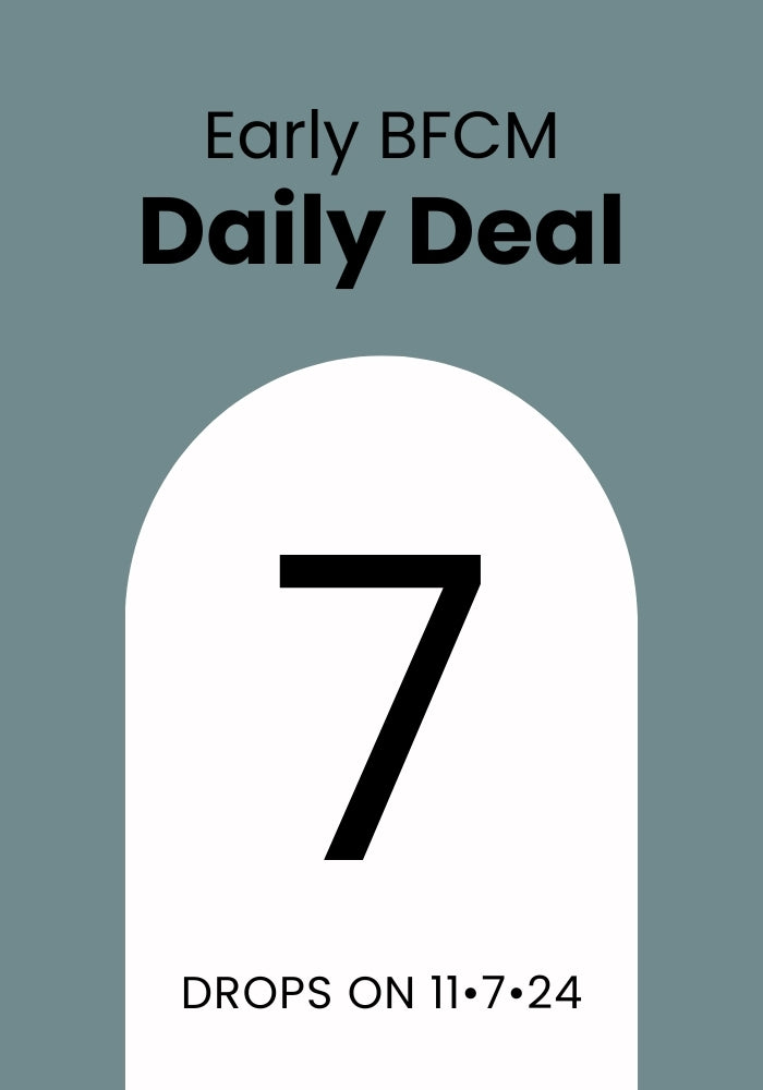 A promotional graphic with a teal background features a white arch showcasing the number "7." Text reads, "Early BFCM Daily Deal" and "DROPS ON 11-7-2024," highlighting Woolx's Early BFCM Deal Day 7.