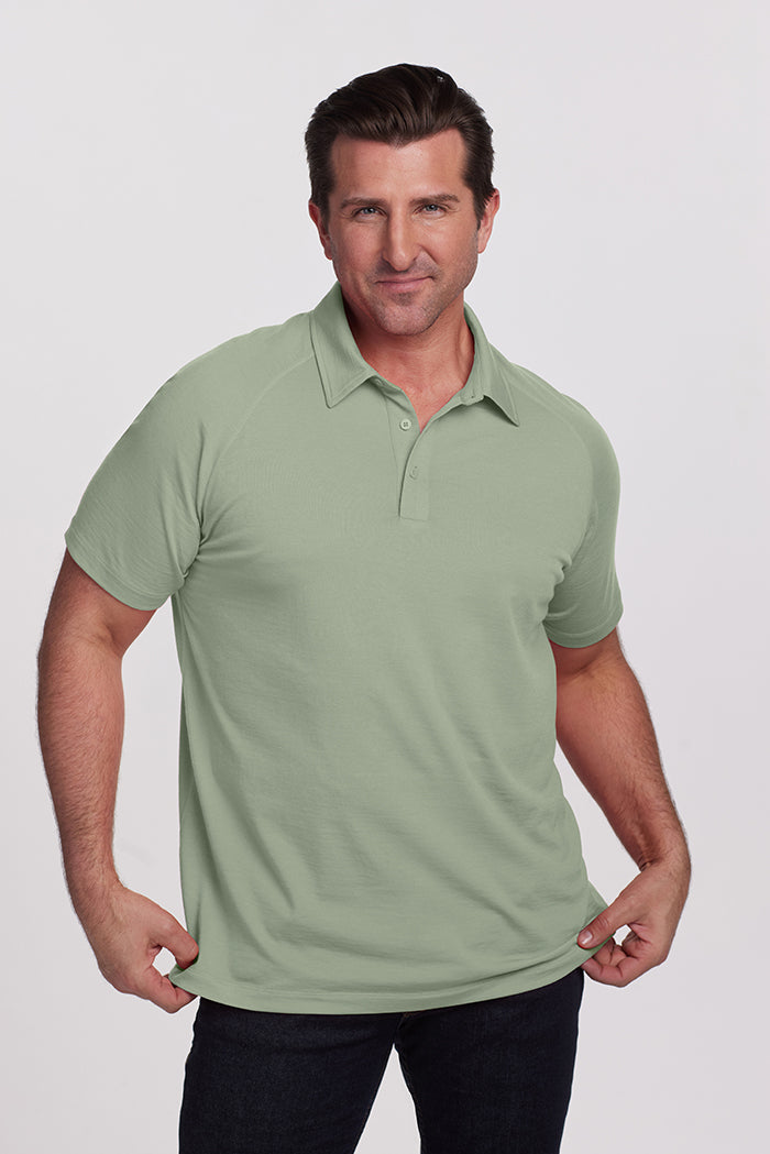 Model wearing Summit Polo - Basil | Brandon is 6’3.5”, wearing a size XL