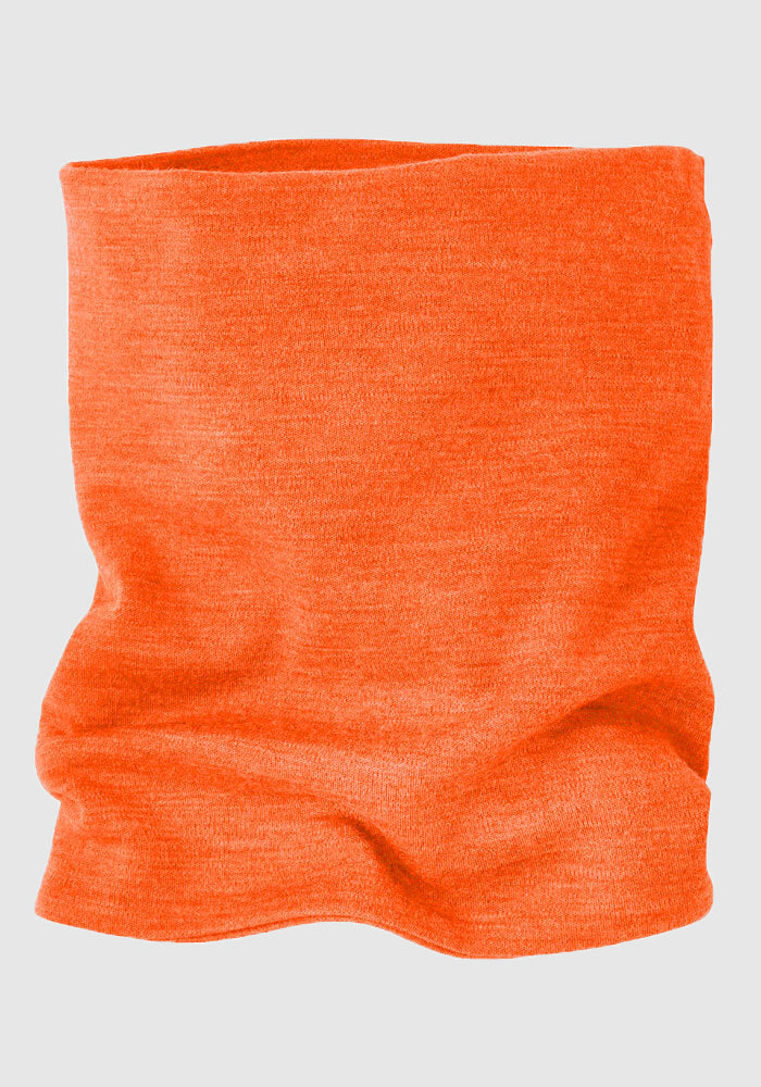 The Woolx Neck Gaiter - Bright Orange, crafted from soft Australian Merino Wool, is displayed on a plain light gray background. This cylindrical gaiter is slightly scrunched at the bottom, highlighting its elasticity and texture, making it perfect for outdoor activities.