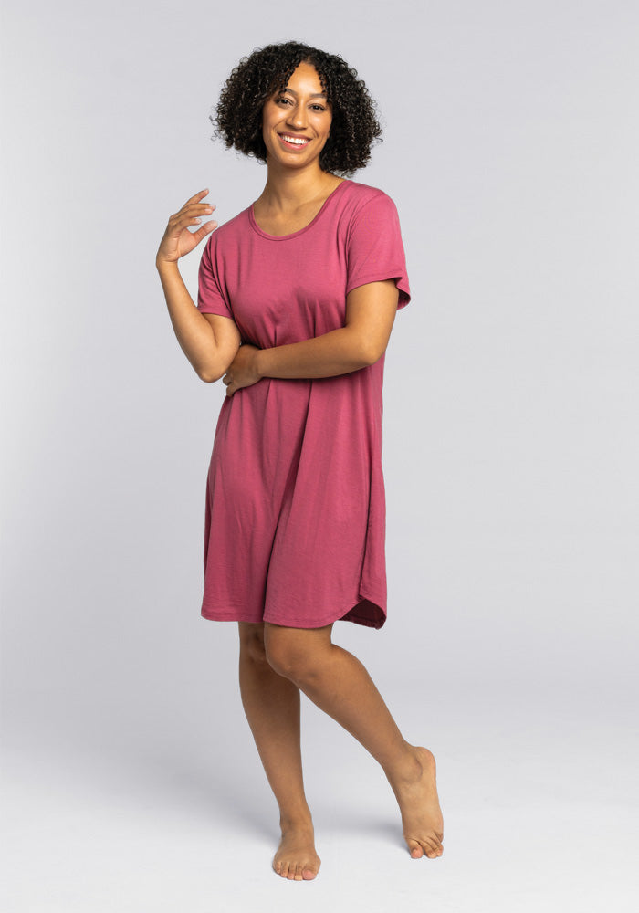 Model wearing Desi nightgown - Red Violet 