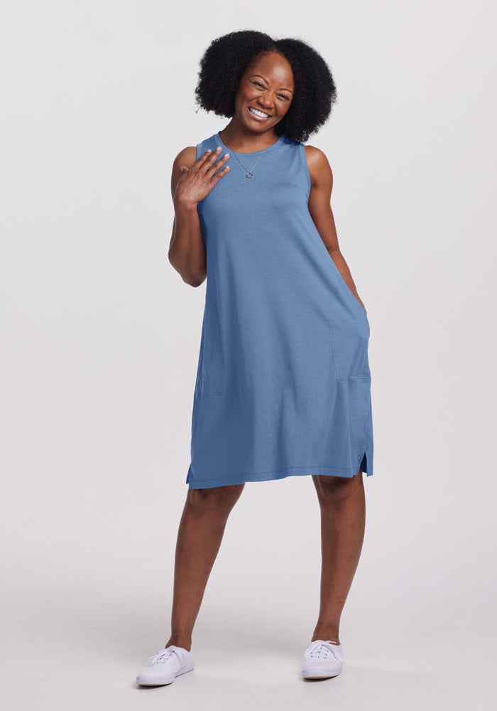 Model wearing Clara dress - Coronet Blue | Pechaz is 5'4", wearing a size S