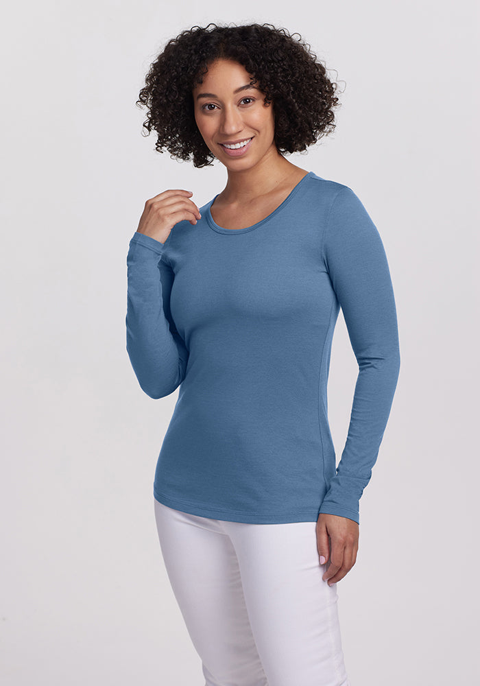 Model wearing Remi long sleeve - Coronet Blue