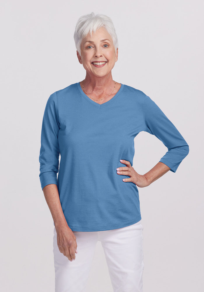 Model wearing Elena v neck - Coronet Blue | Kathy is 5'9", wearing a size S