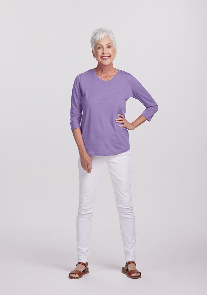 Model wearing Elena v neck - Montana Grape 