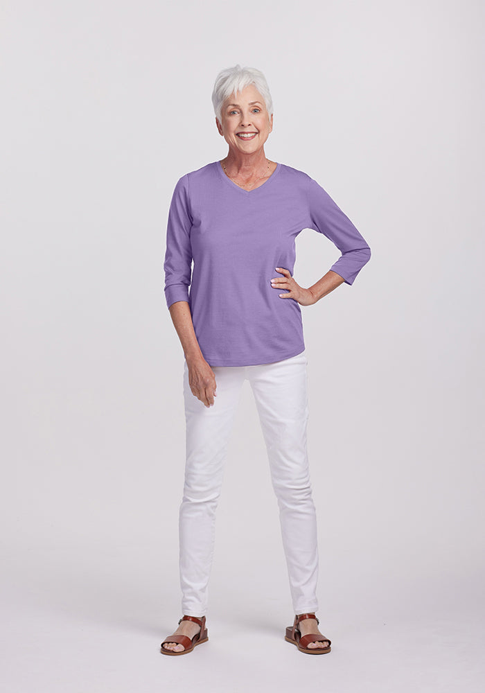 Model wearing Elena v neck - Montana Grape | Kathy is 5'9", wearing a size S