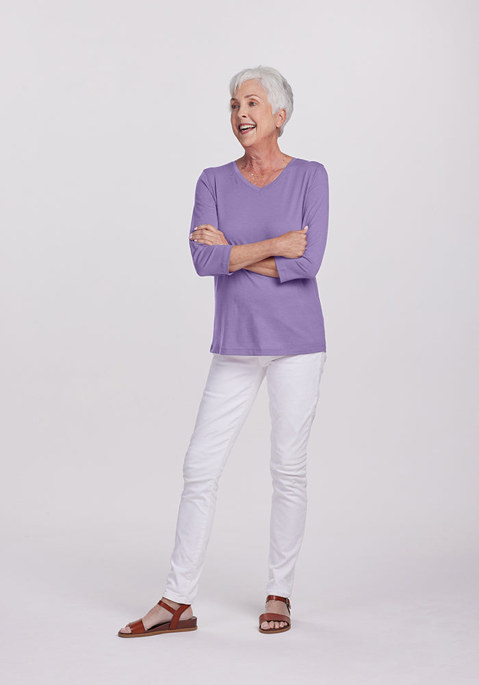 Model wearing Elena v neck - Montana Grape