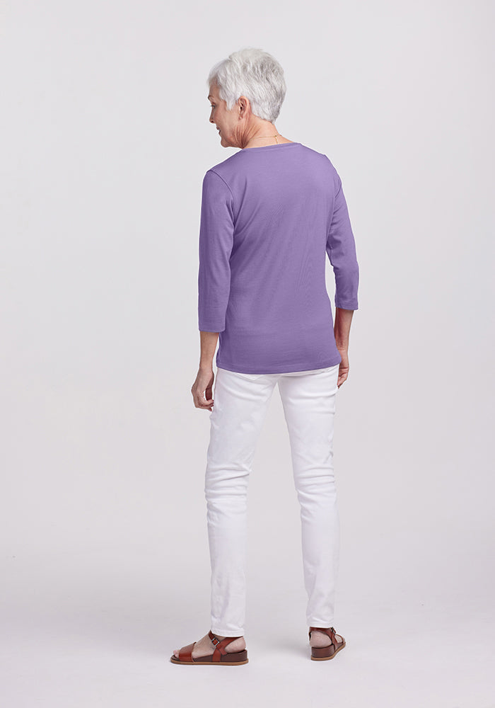 Model wearing Elena v neck - Montana Grape