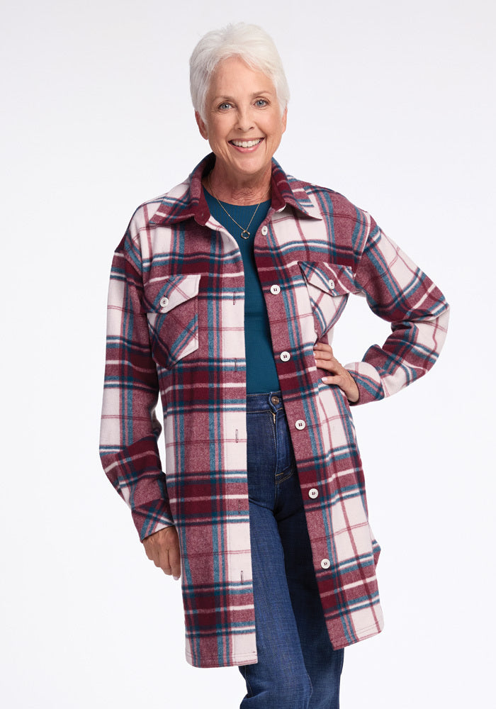 Model wearing Sutton shacket - Frozen Cranberry Plaid 