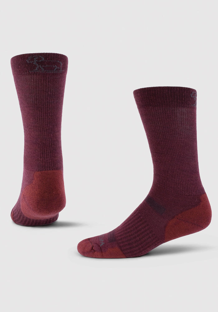 The Harbor Crew Sock Light Cushion in Windsor Wine by Woolx showcases maroon and red color-blocking against a white background. Made from merino wool, these moisture-wicking and odor-resistant socks feature reinforced toes and heels for enhanced durability.