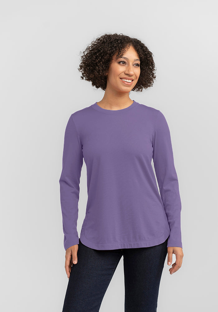 Model wearing Hazel tunic - Montana Grape