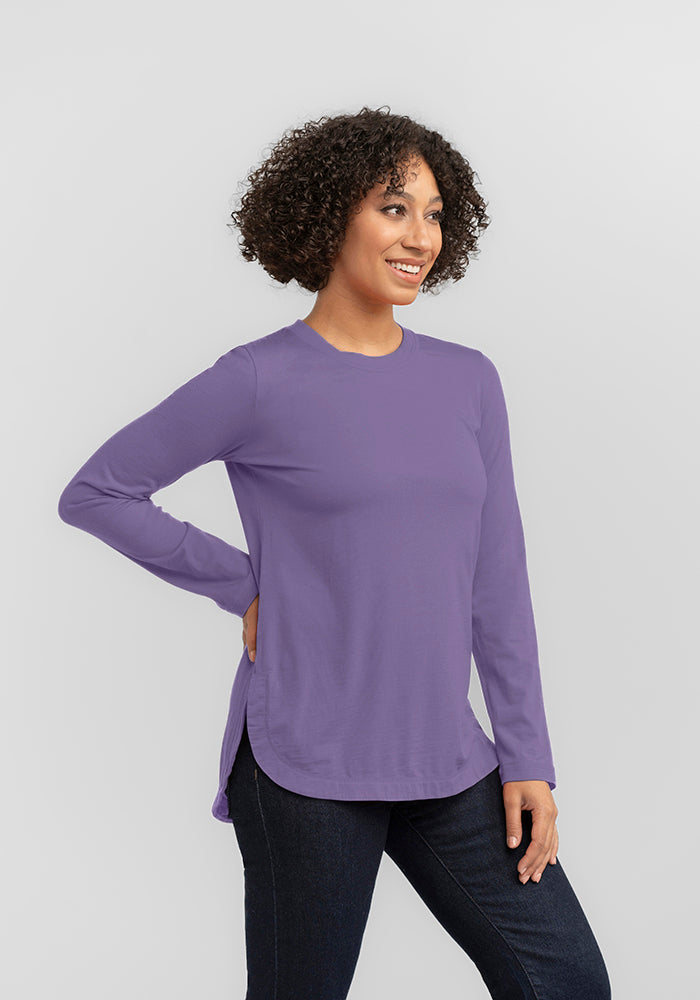 Model wearing Hazel tunic - Montana Grape