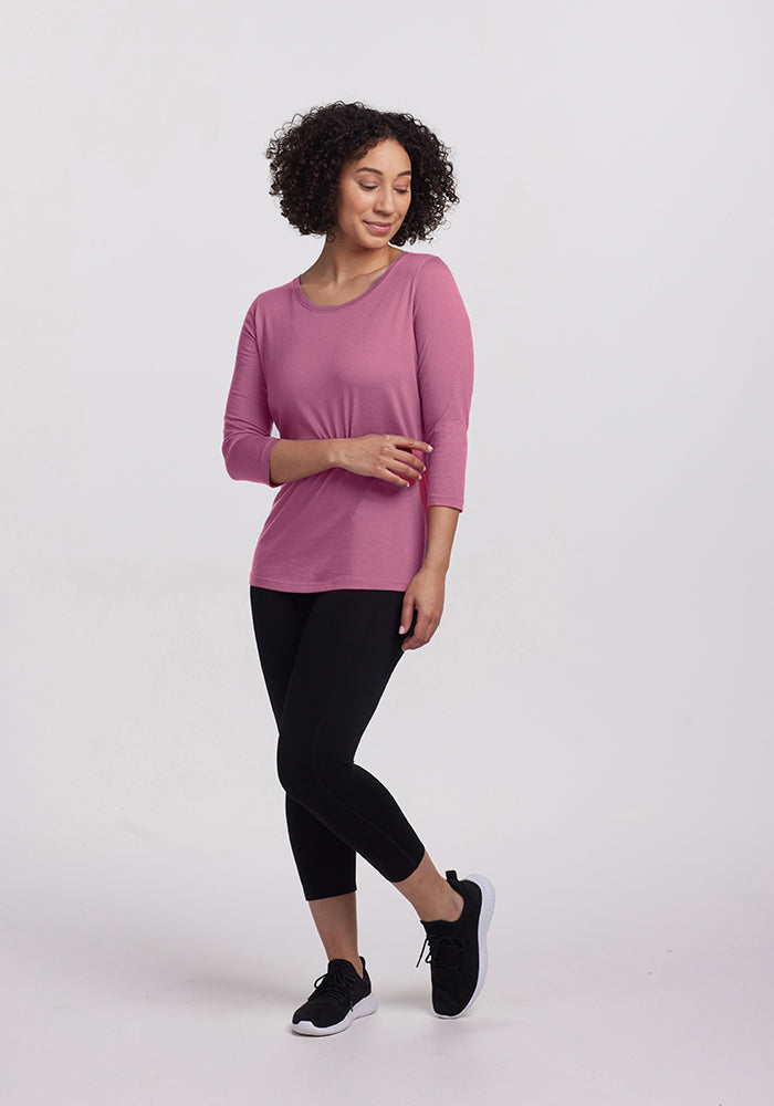 Model wearing Jenny 3/4 Sleeve - Mesa Rose