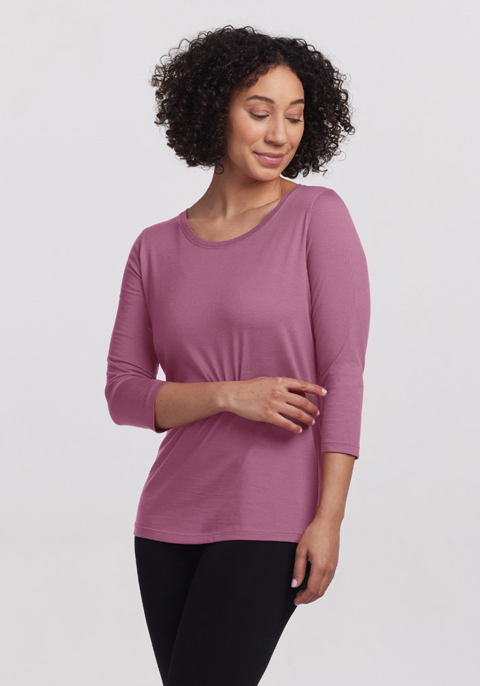 Model wearing Jenny 3/4 Sleeve - Mesa Rose 