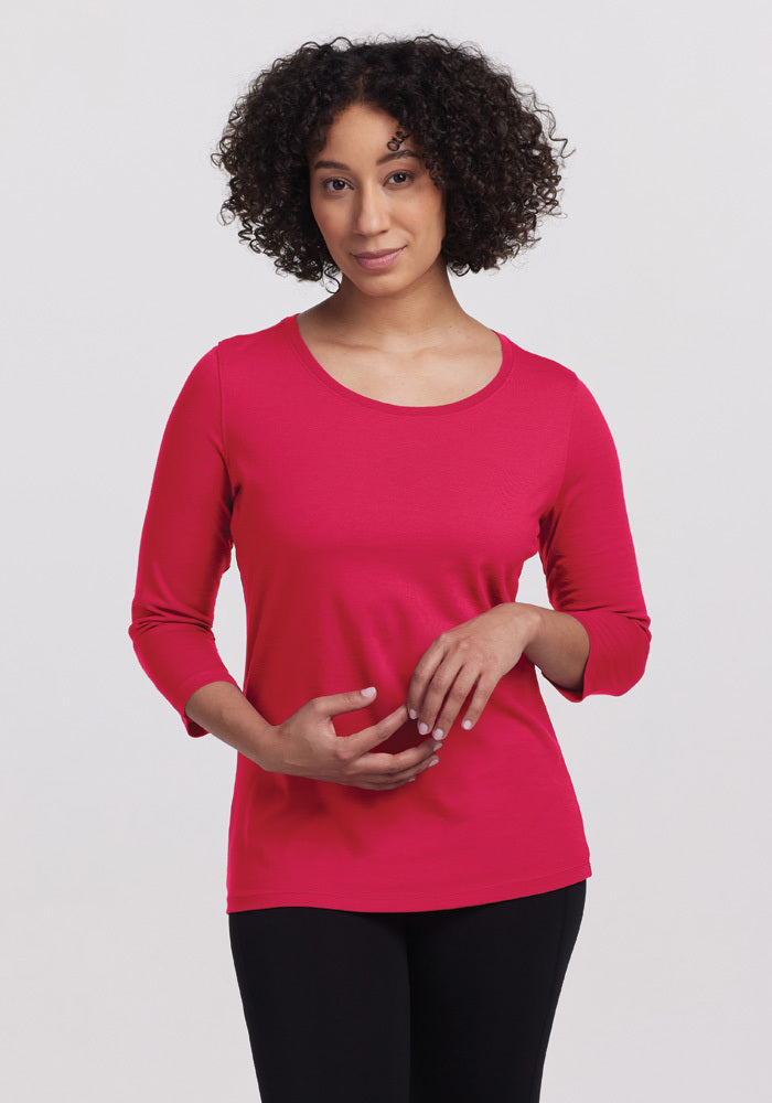 Model wearing Jenny 3/4 sleeve - Viva Magenta