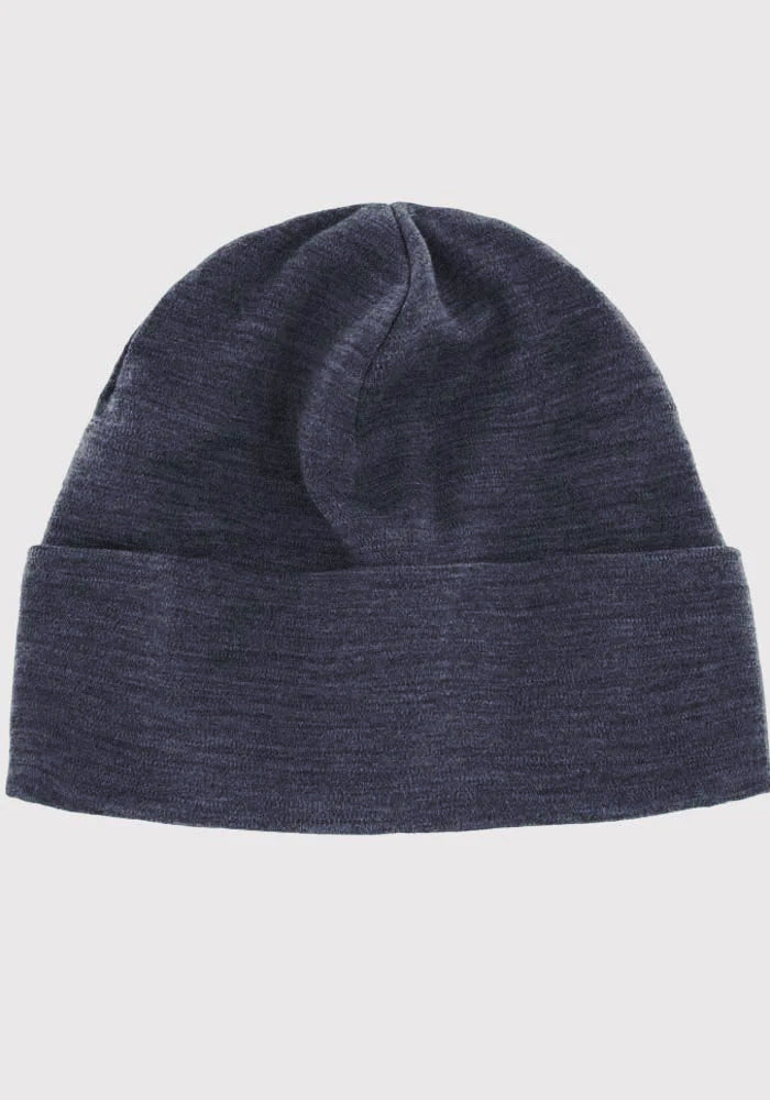 A plain, Pebble Grey Melange Journey Hat by Woolx with a folded brim is displayed against a white background. The beanie, crafted from Australian Merino Wool, has a simple design with no visible logo or patterns and features moisture-wicking properties for added comfort.