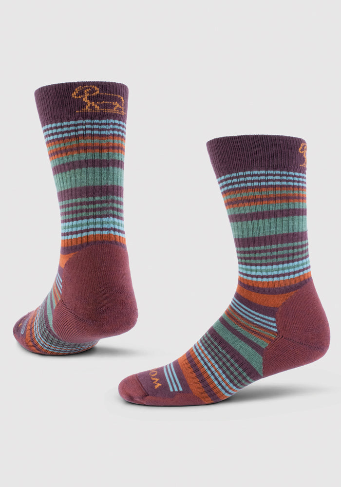 Introducing the Everyday Crew Sock Light Cushion from Woolx, featuring a vibrant Windsor Wine Stripe design with shades of purple, orange, green, and blue. These durable crew socks offer moisture-wicking properties and come with a ribbed texture on top and a subtle emblem near the cuff. Photographed against a simple white backdrop.