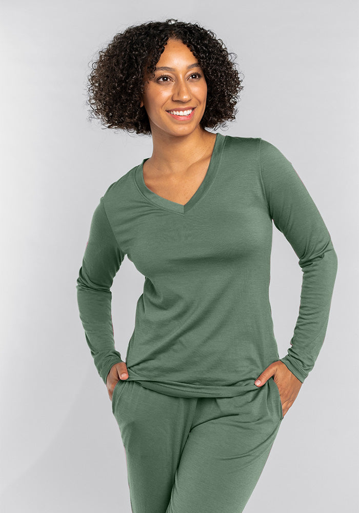 Model wearing Lily long sleeve - Duck Green