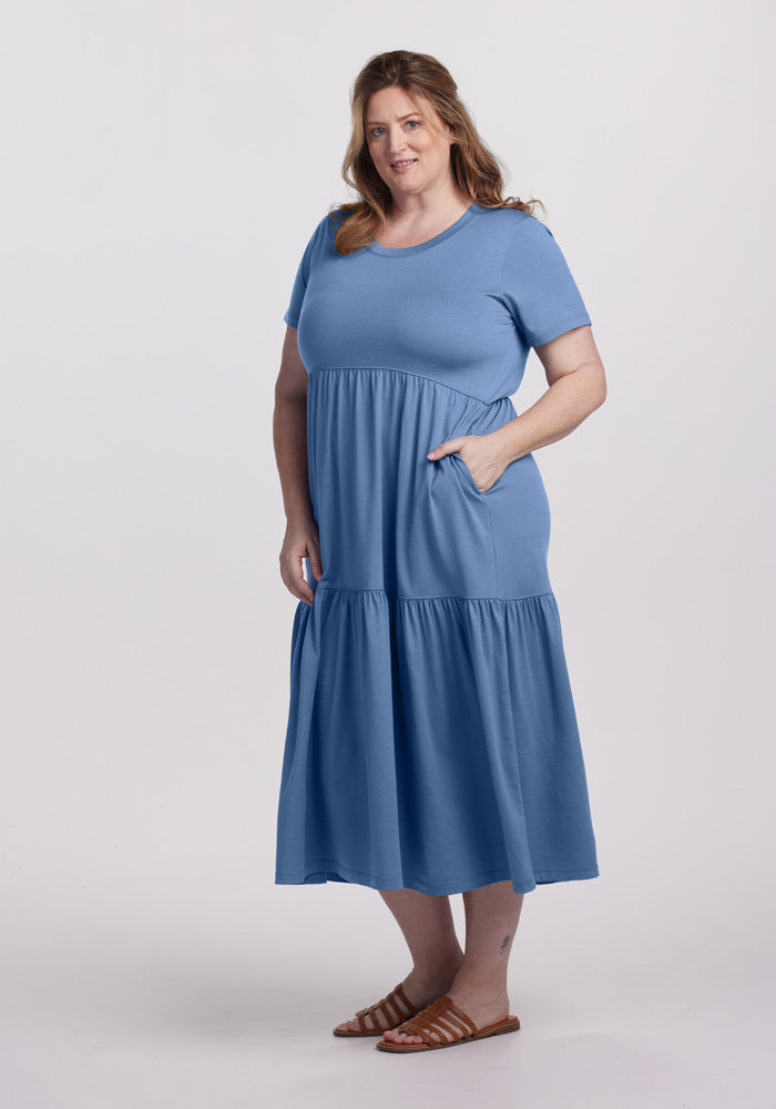 Model wearing Lucia dress - Coronet Blue | Cambre is 5'11", wearing a size XL