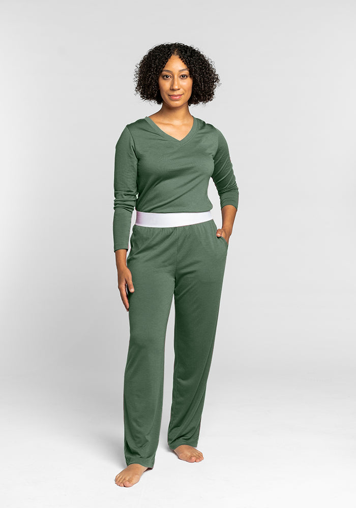 Model wearing Maya pants - Duck Green