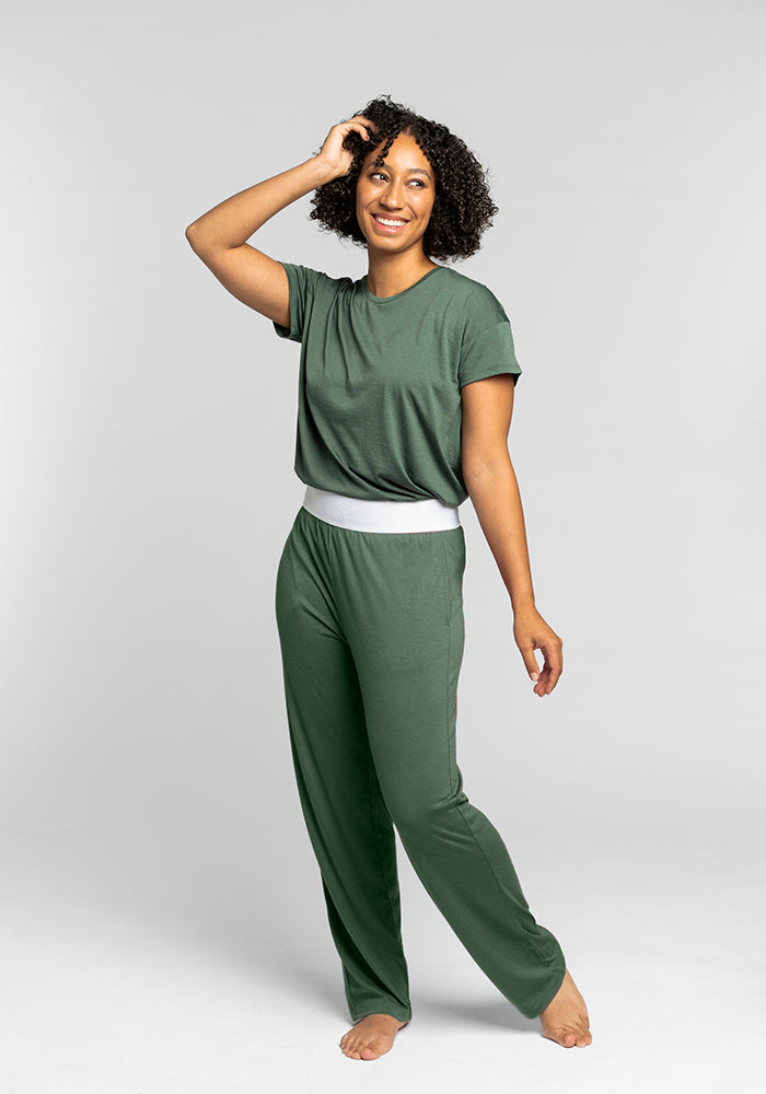 Model wearing Maya pants - Duck Green