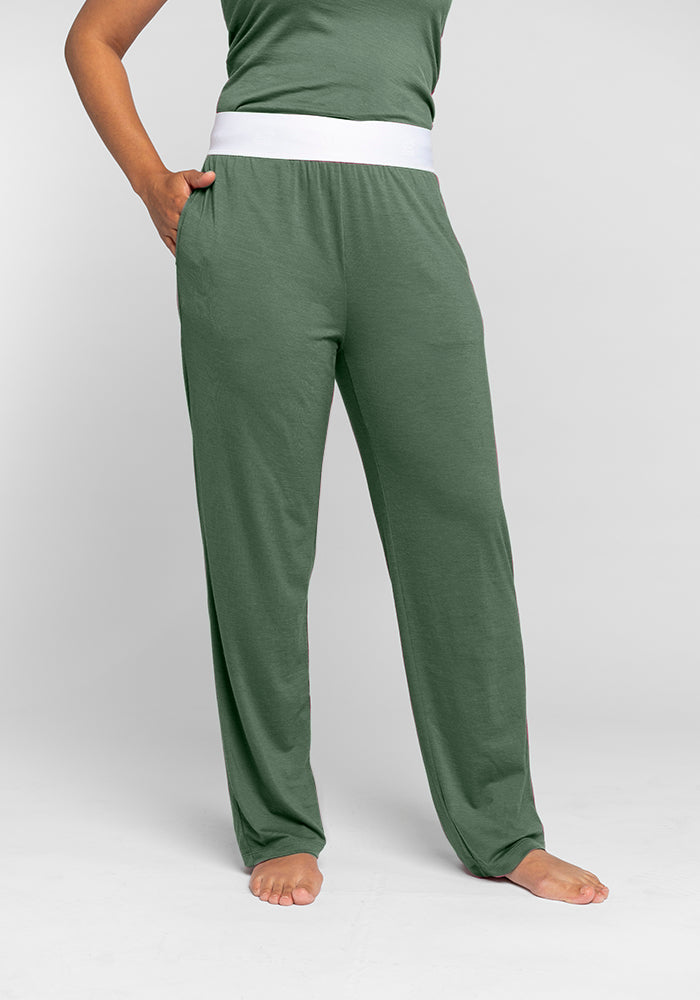 Model wearing Maya pants - Duck Green 