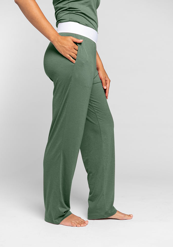 Model wearing Maya pants - Duck Green