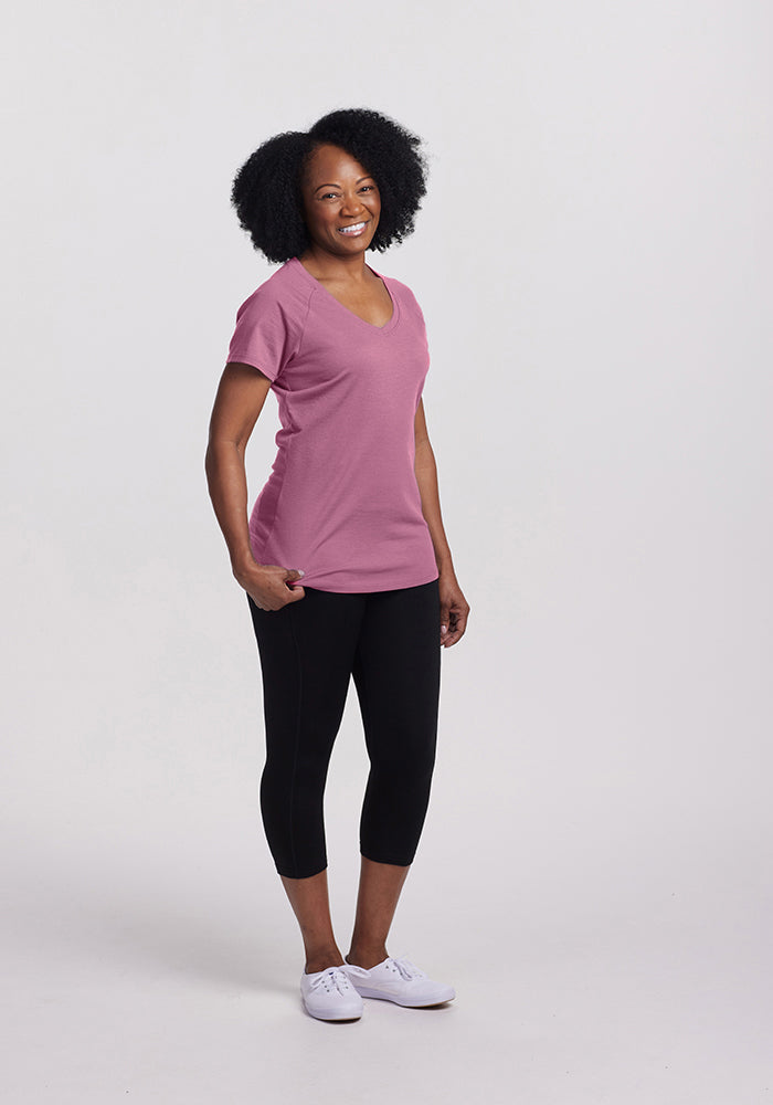 Model wearing Mia v neck - Mesa Rose