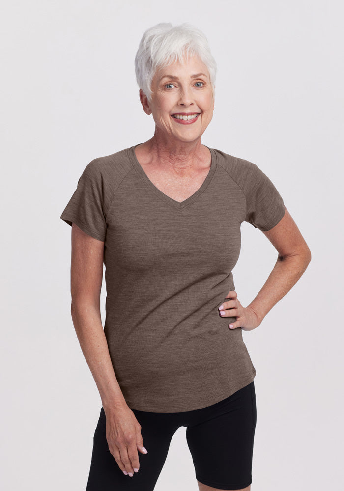 Model wearing Mia V Neck - Simply Taupe | Kathy is 5’9”, wearing a size S