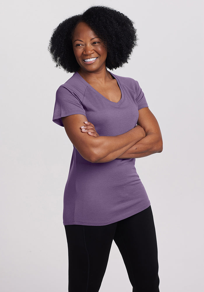 Model wearing Mia v neck - Montana Grape