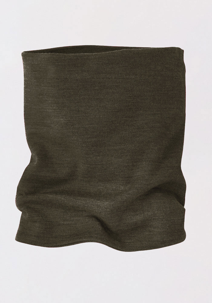 A Woolx Neck Gaiter in dark green, made from 100% Australian Merino Wool, displayed against a plain white background. The slightly wrinkled material looks soft and offers coverage from the neck up to just below the nose, making it ideal for outdoor activities.