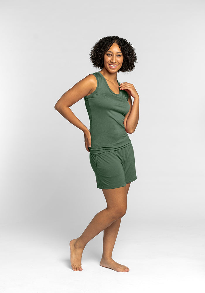 Model wearing Phoebe tank top - Duck Green