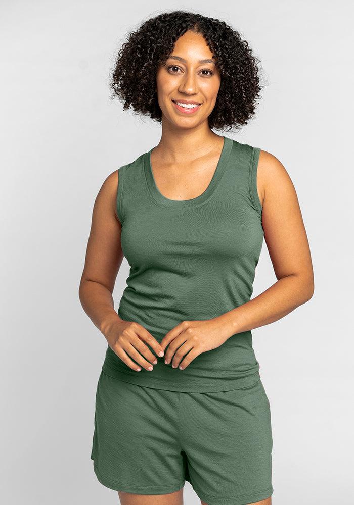 Model wearing Phoebe tank top - Duck Green