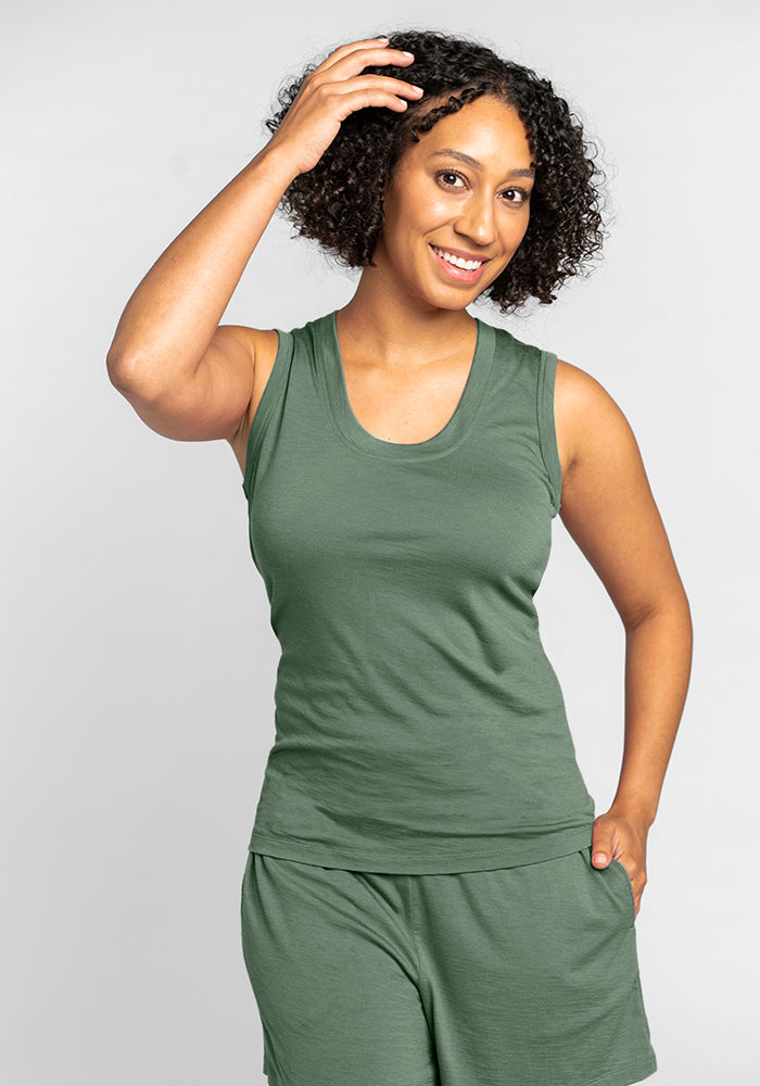 Model wearing Phoebe tank top - Duck Green 