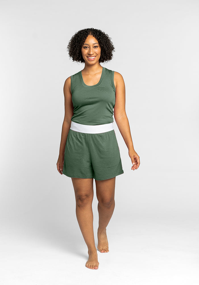 Model wearing Poppy shorts - Duck Green